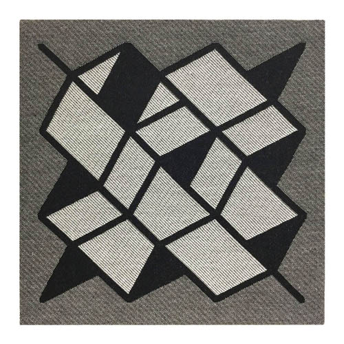 The abstract geometric composition creates imaginary perspectives. Modern woven textile decor, custom woven on a jacquard loom. 9 x 9 inches to 24 x 36 inches, framed or flush mounted onto panels.